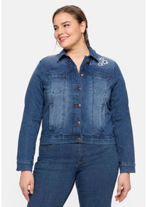 Große Größen Kurze Jeansjacke mit Trachten-Stickereien Gr. 46 blau von sheego für Damen