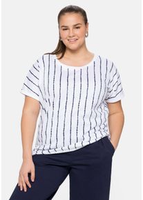 Große Größen Shirt mit Streifen in Batik-Optik und Ärmelaufschlag Gr. 52/54 weiß gestreift von sheego für Damen