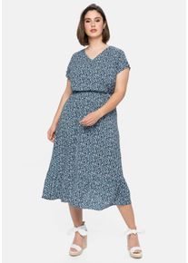 Große Größen Kleid mit V-Ausschnitt und Blumendruck Gr. 58 blau geblümt von sheego für Damen