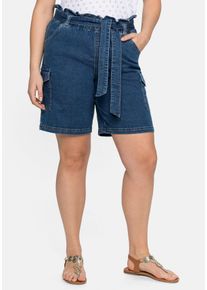 Große Größen Jeans-Shorts mit Paperbagbund und Cargotaschen Gr. 52 blau von sheego für Damen