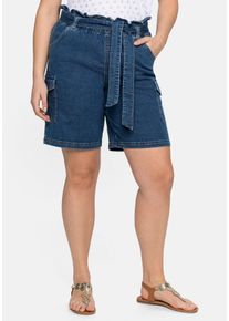 Große Größen Jeans-Shorts mit Paperbagbund und Cargotaschen Gr. 52 blau von sheego für Damen