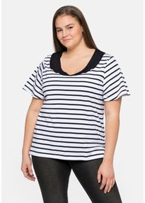 Große Größen Ringelshirt mit breiter Spitze am Rundhalsausschnitt Gr. 52/54 weiß von sheego für Damen