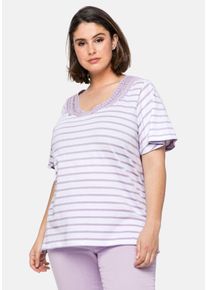 Große Größen Ringelshirt mit breiter Spitze am Rundhalsausschnitt Gr. 44/46 lila von sheego für Damen