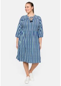 Große Größen Jerseykleid mit Streifen, Bindeband am Ausschnitt Gr. 48 blau/weiß gestreift von sheego für Damen