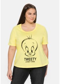 Große Größen T-Shirt mit Comic-Druck und Rundhalsausschnitt Gr. 56/58 gelb von sheego für Damen