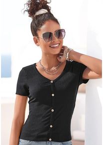 Lascana Kurzarmshirt schwarz Gr. 32/34 für Damen. Tiefer V-Ausschnitt und Knöpfe. Figurbetont