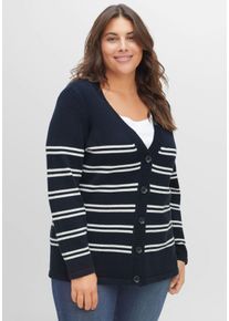 Große Größen Strickjacke mit Ringelmuster und V-Ausschnitt Gr. 40/42 blau von sheego für Damen