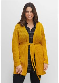 Große Größen Longstrickjacke im Rippstrickmuster, mit Bindegürtel Gr. 48/50 gelb von sheego für Damen