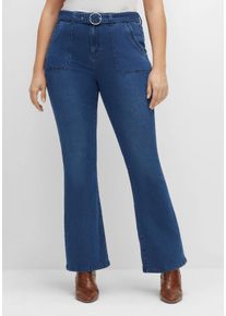 Große Größen Bootcut-Jeans mit Stoffgürtel und markanten Taschen Gr. 48 blau von sheego für Damen