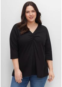 Große Größen Shirt aus Jersey, mit V-Ausschnitt und Kellerfalte Gr. 44/46 schwarz von sheego für Damen
