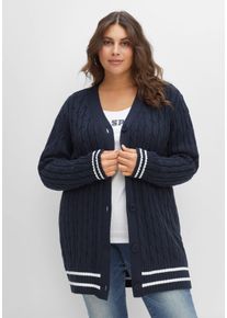Große Größen Longstrickjacke im Zopfmuster, mit Streifen-Bündchen Gr. 44/46 blau gestreift von sheego für Damen