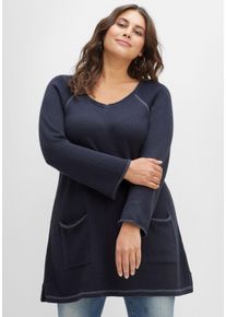 Große Größen Longpullover mit V-Ausschnitt und Taschen vorn Gr. 48/50 blau von sheego für Damen