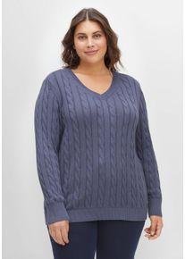 Große Größen Pullover mit Zopfmuster und V-Ausschnitt Gr. 40/42 blau von sheego für Damen