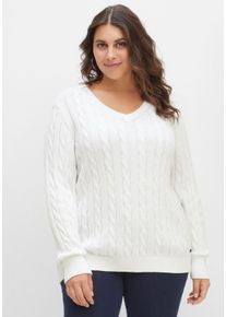 Große Größen Pullover mit Zopfmuster und V-Ausschnitt Gr. 48/50 weiß von sheego für Damen