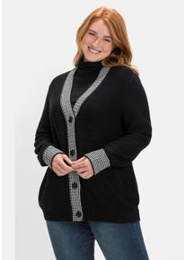 Große Größen Strickjacke mit Kontrastdetails im Hahnentrittmuster Gr. 44/46 schwarz von sheego für Damen