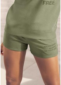 Buffalo Sweatshorts moosgrün Gr. 32/34 für Damen. Mit Druck. Bequem. Nachhaltig.