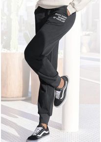 Buffalo Jogginghose schwarz Gr. 32/34 für Damen. Mit Druck. Bequem. Nachhaltig.