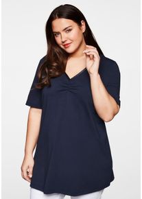 Große Größen Longshirt in A-Linie mit Raffung am V-Ausschnitt Gr. 56/58 blau von sheego für Damen