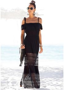 Lascana Maxikleid schwarz Gr. 34 für Damen. Carmenausschnitt und Spitze. Figurumspielend