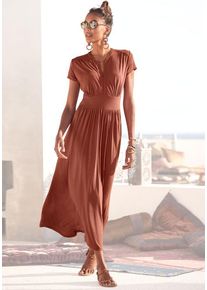 Lascana Midikleid braun Gr. 34 für Damen. Mit V-Ausschnitt. Figurumspielend. Nachhaltig.