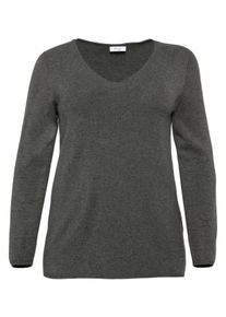 Große Größen Pullover mit V-Ausschnitt und sheego-Applikation Gr. 44/46 grau von sheego für Damen