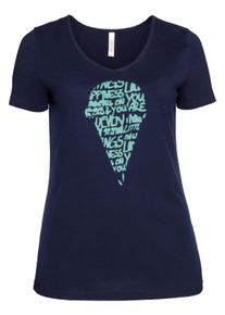 Große Größen T-Shirt mit Frontdruck und V-Ausschnitt Gr. 56/58 blau von sheego für Damen