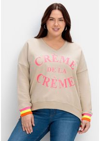 sheego loves miss goodlife Große Größen Sweater mit Wordingprint und Ringelbündchen Gr. 52 beige von sheego für Damen