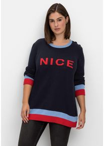 Große Größen Pullover mit Wording-Intarsien und Zierknöpfen Gr. 40/42 blau von sheego für Damen