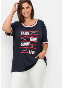 Große Größen Shirt mit Wordingprint und Kontrastbündchen Gr. 52/54 blau von sheego für Damen