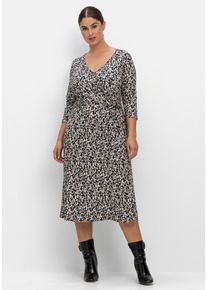 Große Größen Jerseykleid in Wickeloptik, mit Blätterprint Gr. 52 schwarz von sheego für Damen