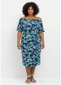 Große Größen Jerseykleid mit Blätterprint und Carmenausschnitt Gr. 48 blau von sheego für Damen