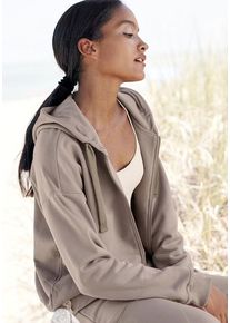 Lascana Sweatjacke hellbraun Gr. 32/34 für Damen. Mit Logoschriftzug, Logostickerei. Basic. Nachhaltig.