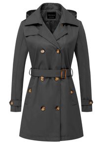CREATMO US Damen Trenchcoat Zweireiher Klassischer Revers Mantel Gürtel Slim Oberbekleidung Mantel mit Abnehmbarer Kapuze, GRAU, L