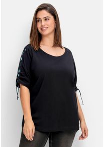 Große Größen Shirt mit Raffung und bedrucktem Detail am Ärmel Gr. 44/46 schwarz von sheego für Damen