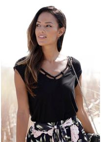 s.Oliver T-Shirt schwarz Gr. 40/42 für Damen. Mit V-Ausschnitt. Figurumspielend. Nachhaltig.