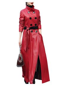 Herbst Maxi Rock Leder Trenchcoat für Frauen Langarm zweireihig Damen Herbst Mode, rot, 6X-Large