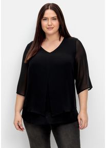 Große Größen Chiffontunika in Layering-Optik, mit 3/4-Ärmeln Gr. 46 schwarz von sheego für Damen