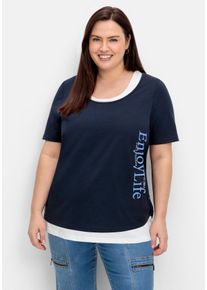 Große Größen Jerseyshirt mit Wordingprint und separatem Top Gr. 58 blau von sheego für Damen