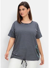 Große Größen Ringelshirt mit Saum-Bindeband und Druck seitlich Gr. 56/58 blau gestreift von sheego für Damen