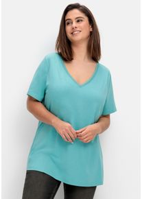 Große Größen T-Shirt mit dezenter Spitze am V-Ausschnitt Gr. 40/42 blau von sheego für Damen