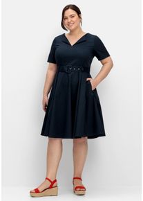Große Größen Weit schwingendes Kleid mit Gürtel und Reverskragen Gr. 42 blau von sheego für Damen