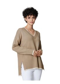 Madeleine Mode MADELEINE V-Pullover aus Wolle mit Kaschmir Damen helltaupe/wollweiß / taupe