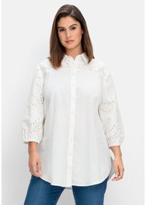 Große Größen Longbluse mit Lochstickerei, gerundeter Saum Gr. 44 weiß von sheego für Damen