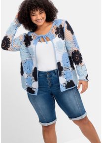 Große Größen Strickjacke in Häkeloptik, mit Blütenmuster Gr. 44/46 blau geblümt von sheego für Damen