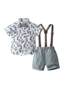 Generic Baby Jungen Anzug Set Jungen Sommer Kurzarm Anzug Sommer Kinder blau und weiß Shirt Strap Shorts Hemd mit Fliege + Hosenträge Shorts (Blue, 1-2 Years)