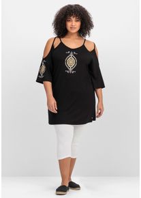 Große Größen Set aus Strandshirt mit Cut-outs und Caprileggings Gr. 50 schwarz/weiß von sheego für Damen