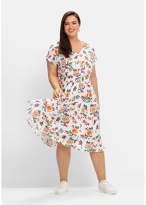 Große Größen Kleid mit floralem Print und weitem Rockteil Gr. 56 weiß geblümt von sheego für Damen