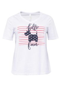 Große Größen T-Shirt mit Hundemotiv vorn und V-Ausschnitt Gr. 52/54 weiß von sheego für Damen
