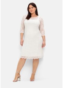 Große Größen Spitzenkleid mit Wellensaum; knielang Gr. 44 weiß geblümt von sheego für Damen