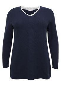 Große Größen BASIC Pullover mit Spitze und Rippbündchen Gr. 56/58 blau von sheego für Damen